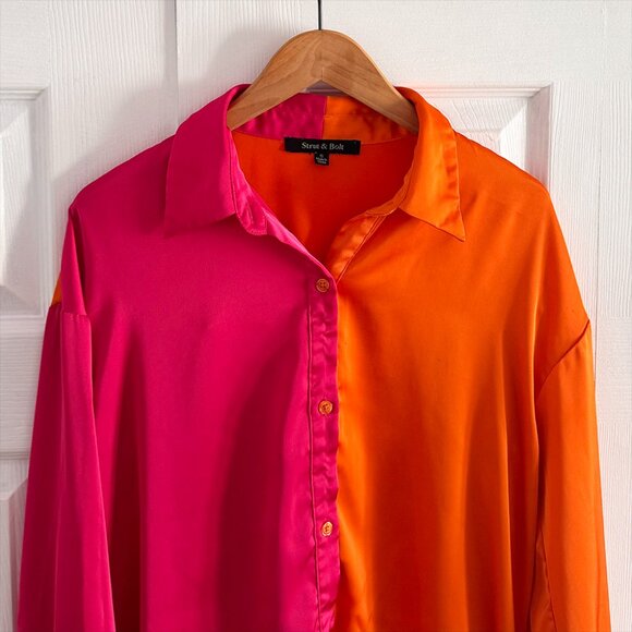 Strut & Bolt Multicolor Orange and Hot Pink Button Up Colorblock Satin Blouse - Picture 8 of 9